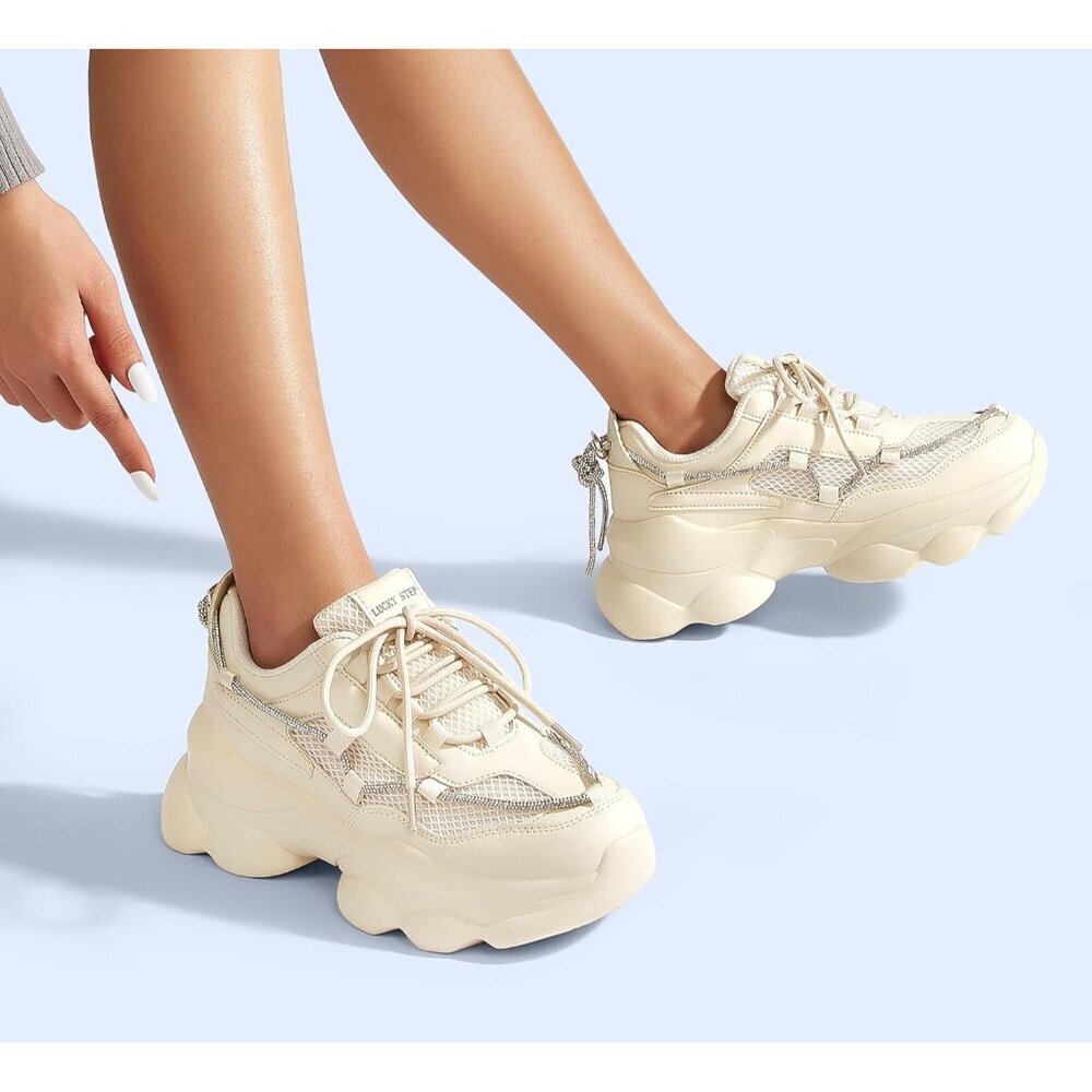 Women's 90s Chunky Sneakers Rope Platform Casual Thick Rave Walking Shoes Beige - Picture 7 of 9